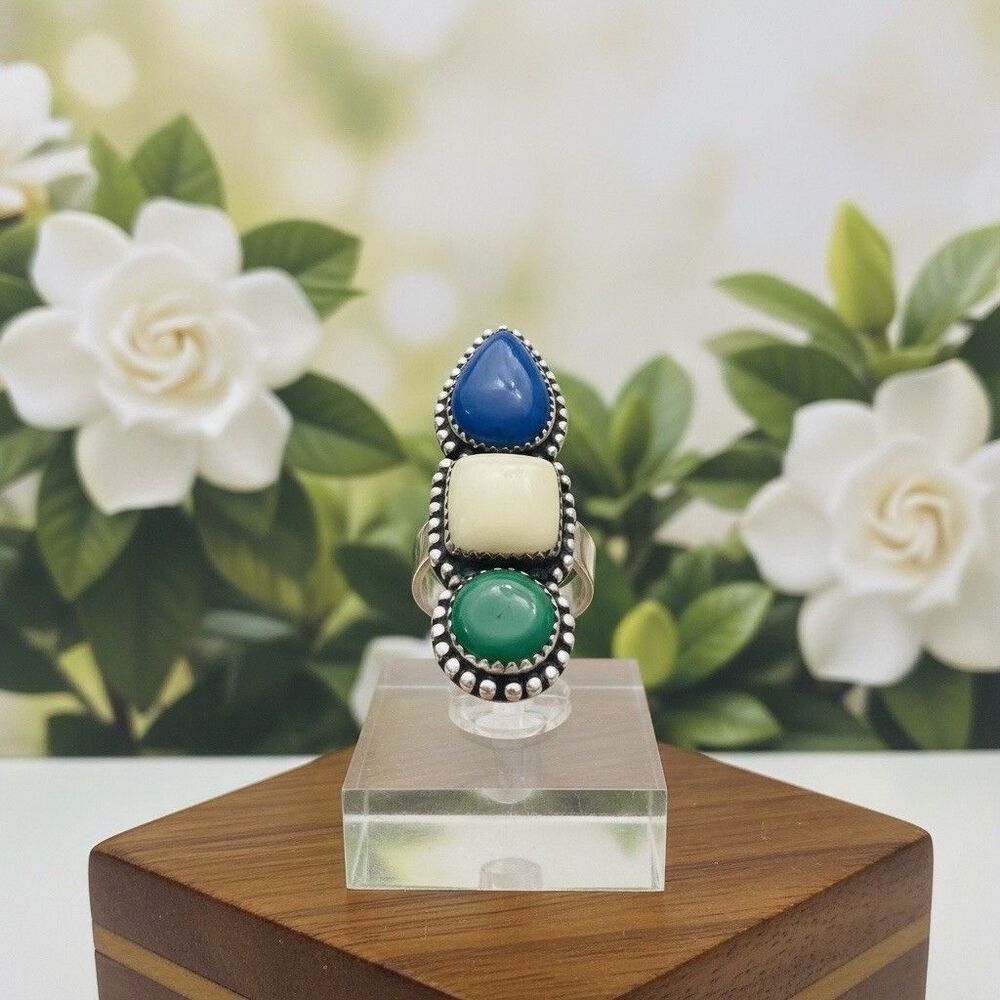 New - 925 Silver Pool Stone Adjustable Ring Tripl… - image 1